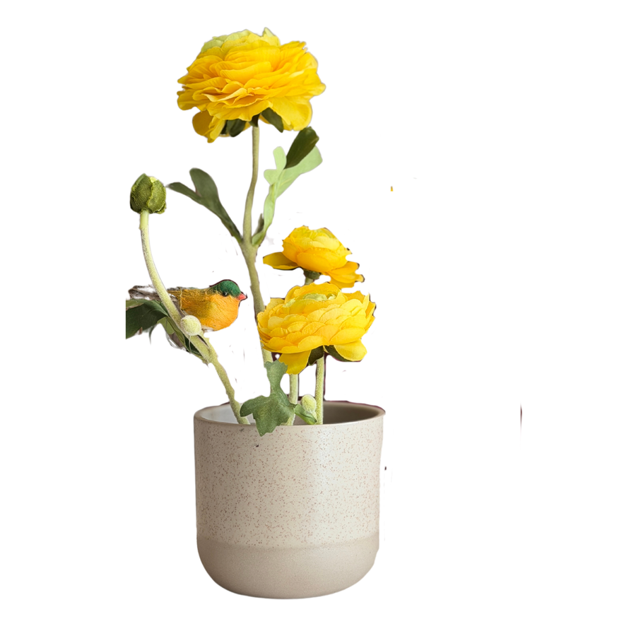 Flor de seda Ranúnculo Amarillo con Pajarito en florero