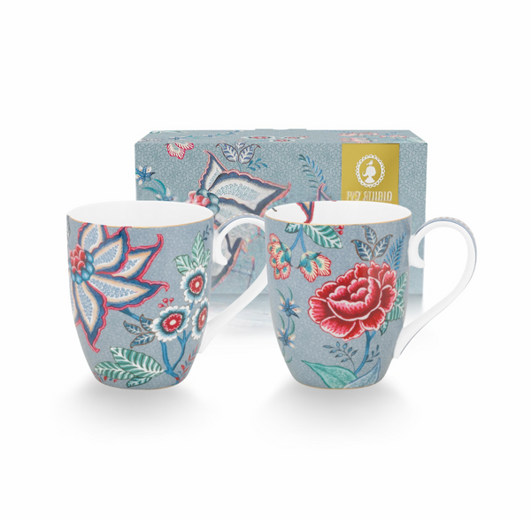 Set de 2 Tazas Tamaño L Festival de Flores Dark Celeste 350ml – Cerámica, Diseño Holandés Original