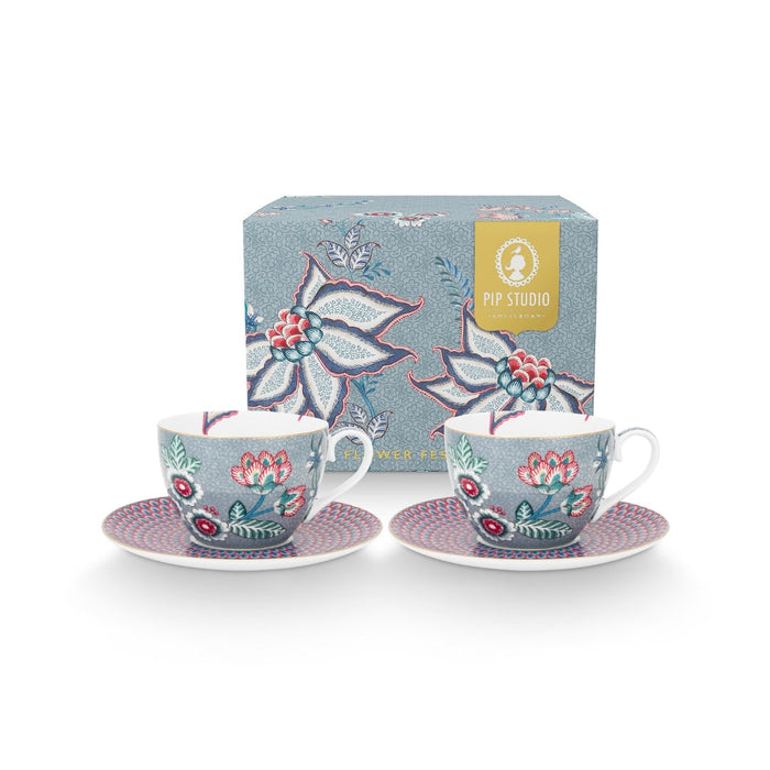 Set de 2 Tazas con Platos Festival de Flores Celeste 280 ml